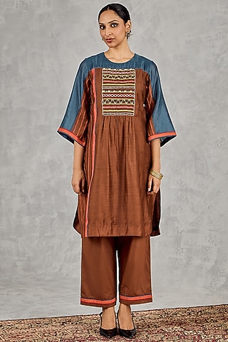 Brown & Blue Chanderi Handblock Printed Color-Blocked Kurta Set by Shivani Bhargava