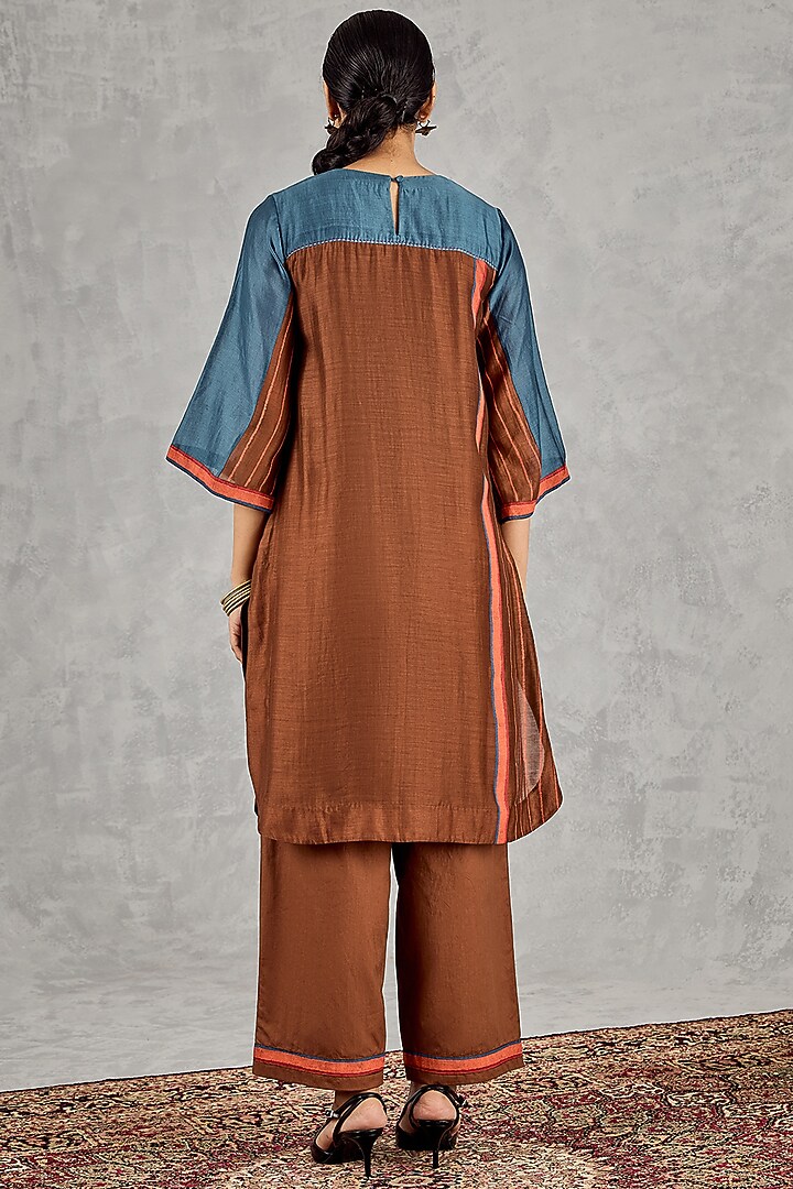 Brown & Blue Chanderi Handblock Printed Color-Blocked Kurta Set by Shivani Bhargava at Pernia's Pop Up Shop