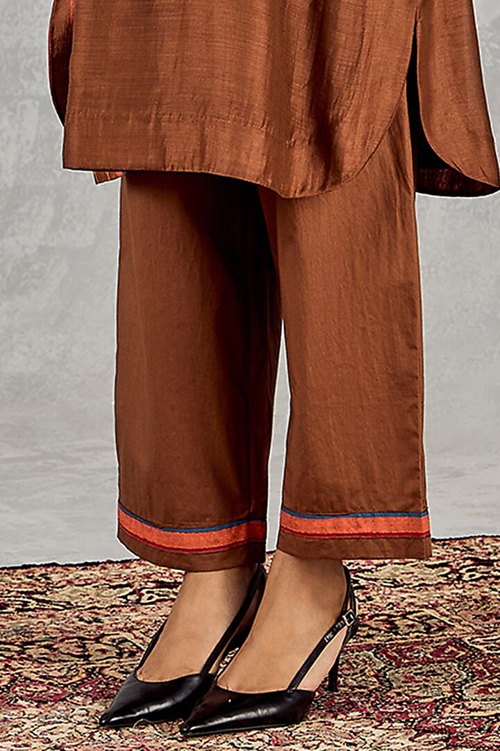 Brown & Blue Chanderi Handblock Printed Color-Blocked Kurta Set by Shivani Bhargava at Pernia's Pop Up Shop
