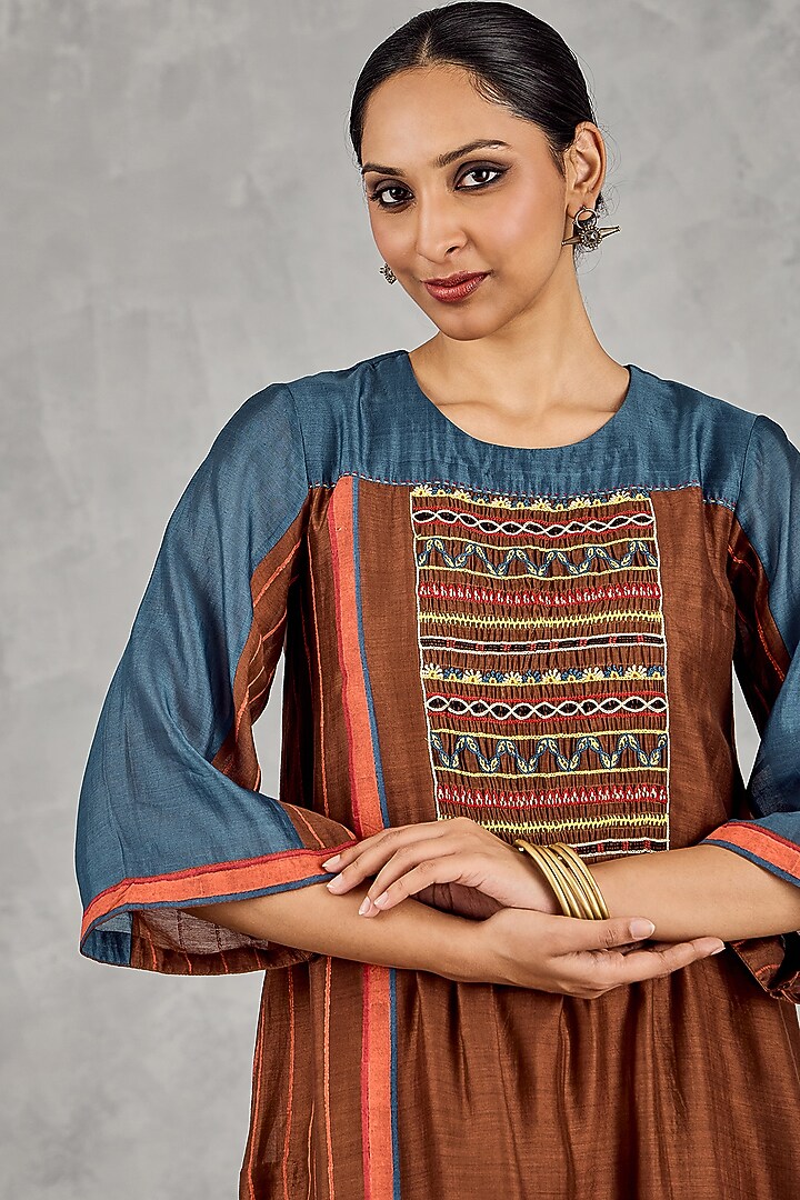 Brown & Blue Chanderi Handblock Printed Color-Blocked Kurta Set by Shivani Bhargava at Pernia's Pop Up Shop