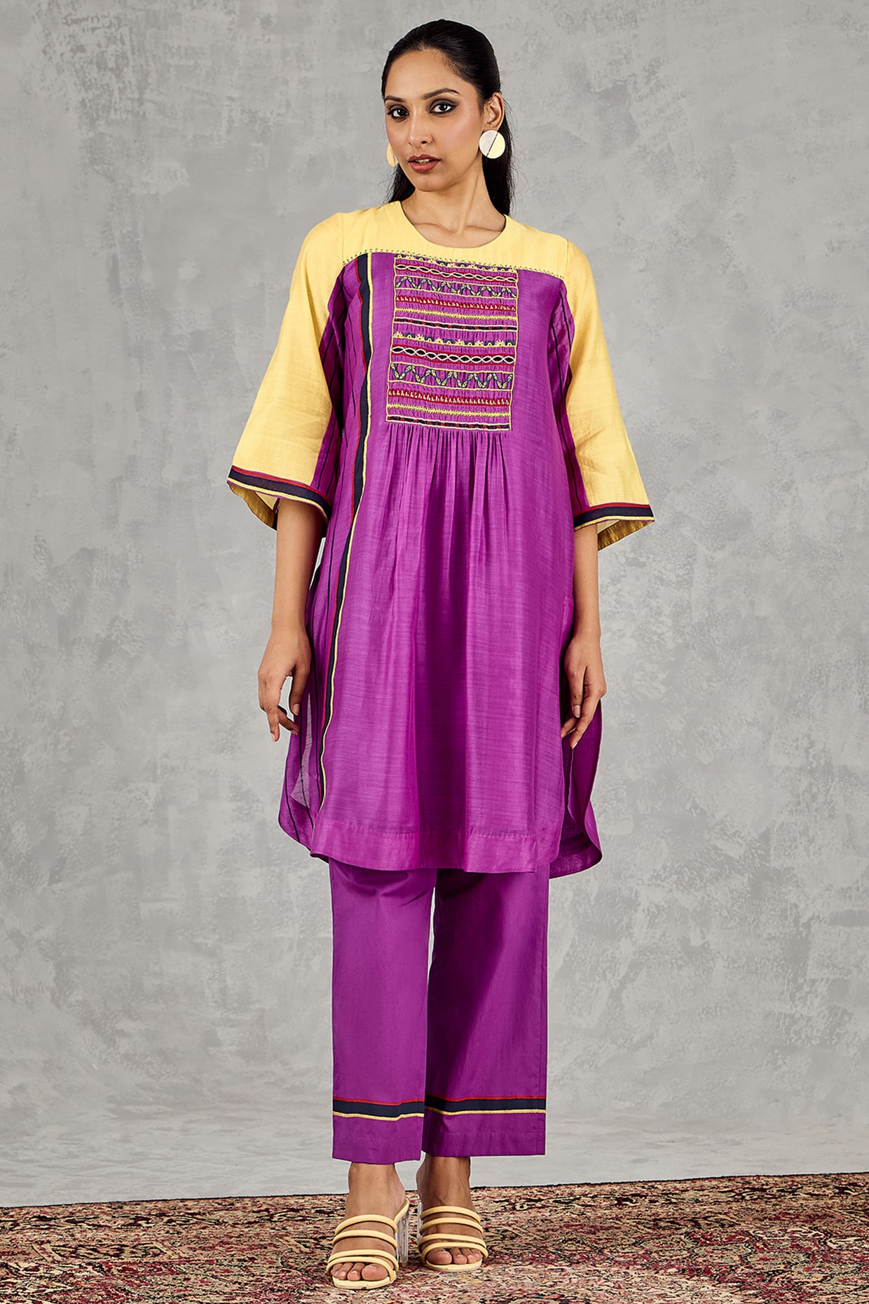 Shivani Bhargava Olive Yellow & Purple Chanderi Hand Block Printed Kurta Set