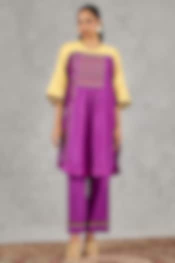 Olive Yellow & Purple Chanderi Hand Block Printed Kurta Set by Shivani Bhargava at Pernia's Pop Up Shop