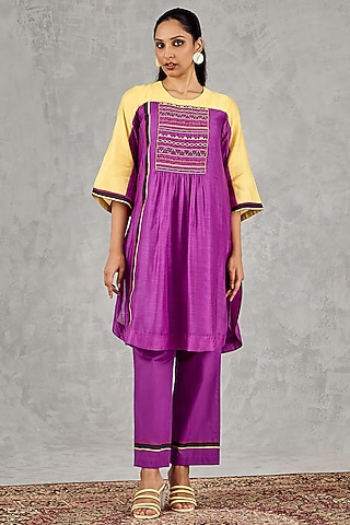 Olive Yellow & Purple Chanderi Hand Block Printed Kurta Set by Shivani Bhargava