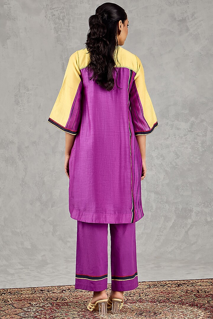 Olive Yellow & Purple Chanderi Hand Block Printed Kurta Set by Shivani Bhargava at Pernia's Pop Up Shop