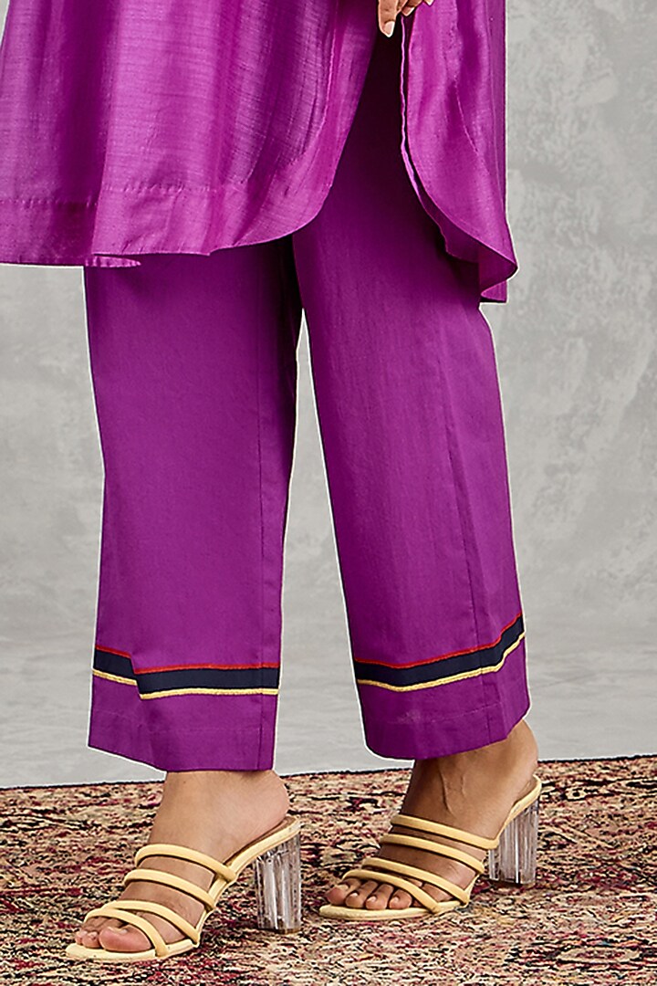 Olive Yellow & Purple Chanderi Hand Block Printed Kurta Set by Shivani Bhargava at Pernia's Pop Up Shop