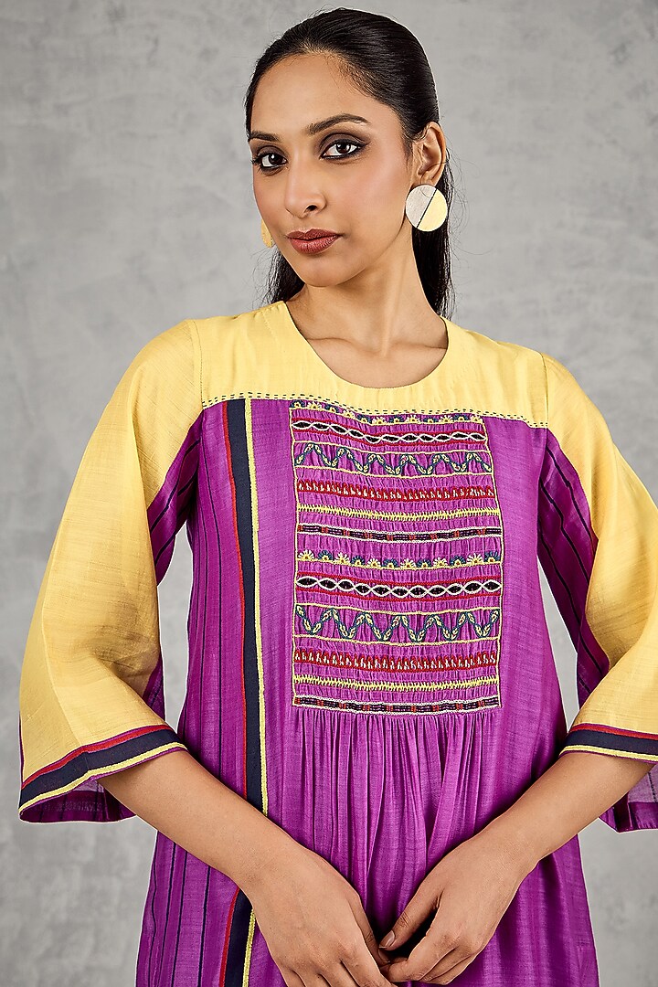 Olive Yellow & Purple Chanderi Hand Block Printed Kurta Set by Shivani Bhargava at Pernia's Pop Up Shop