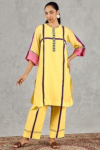 Olive Yellow Chanderi Stripe Handblock Printed Kurta Set by Shivani Bhargava