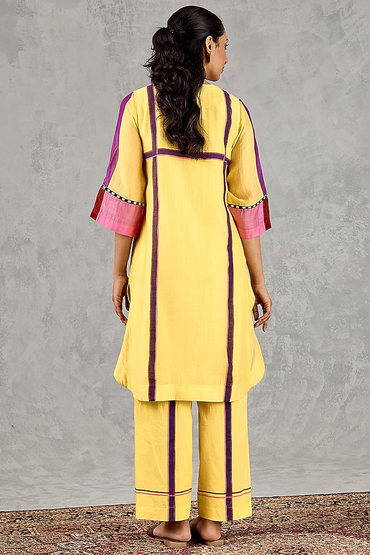 Olive Yellow Chanderi Stripe Handblock Printed Kurta Set by Shivani Bhargava at Pernia's Pop Up Shop