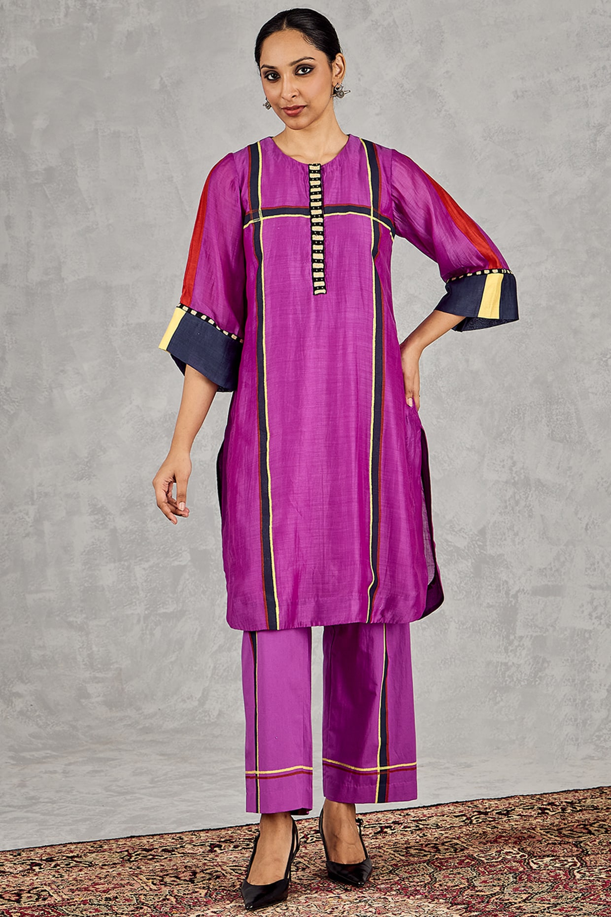 Shivani Bhargava Purple Chanderi Stripe Handblock Printed Kurta Set
