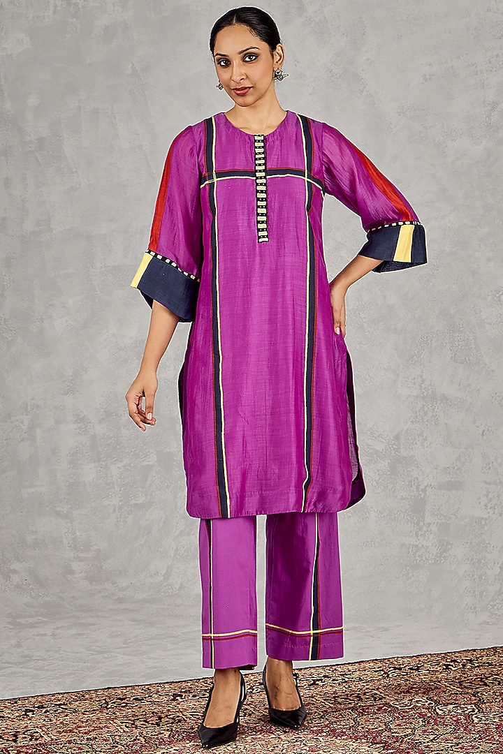 Purple Chanderi Stripe Handblock Printed Kurta Set by Shivani Bhargava at Pernia's Pop Up Shop