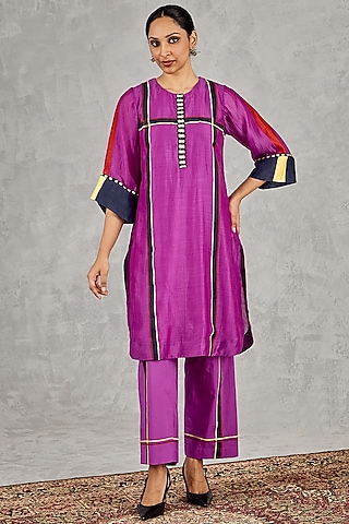 Purple Chanderi Stripe Handblock Printed Kurta Set by Shivani Bhargava