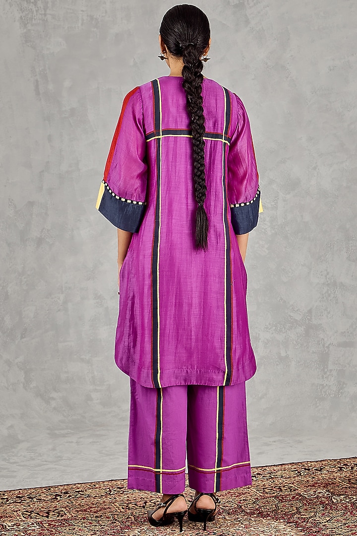 Purple Chanderi Stripe Handblock Printed Kurta Set by Shivani Bhargava at Pernia's Pop Up Shop