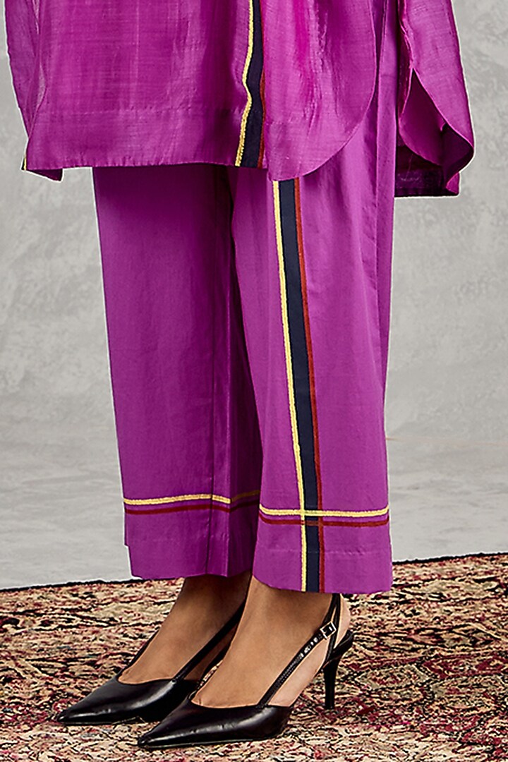 Purple Chanderi Stripe Handblock Printed Kurta Set by Shivani Bhargava at Pernia's Pop Up Shop
