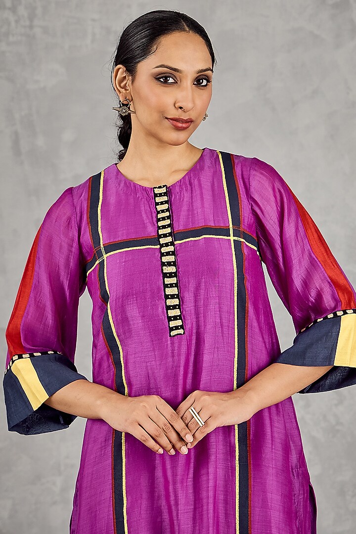 Purple Chanderi Stripe Handblock Printed Kurta Set by Shivani Bhargava at Pernia's Pop Up Shop