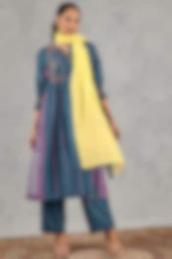 Blue Chanderi Handblock Printed & Embroidered Kurta Set by Shivani Bhargava at Pernia's Pop Up Shop