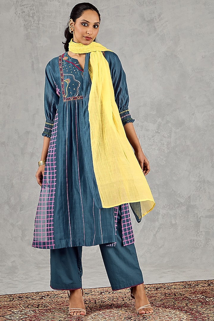 Blue Chanderi Handblock Printed & Embroidered Kurta Set by Shivani Bhargava at Pernia's Pop Up Shop