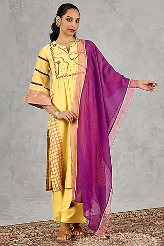 Olive Yellow Chanderi Embroidered & Handblock Printed Kurta Set by Shivani Bhargava