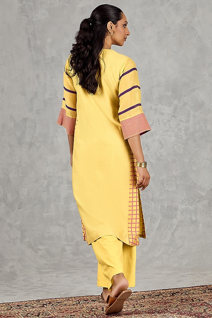 Olive Yellow Chanderi Embroidered & Handblock Printed Kurta Set by Shivani Bhargava at Pernia's Pop Up Shop