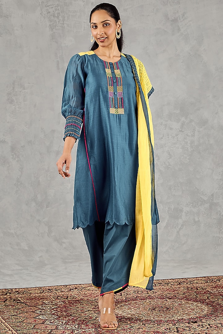 Blue Chanderi Embroidered Kurta Set by Shivani Bhargava at Pernia's Pop Up Shop