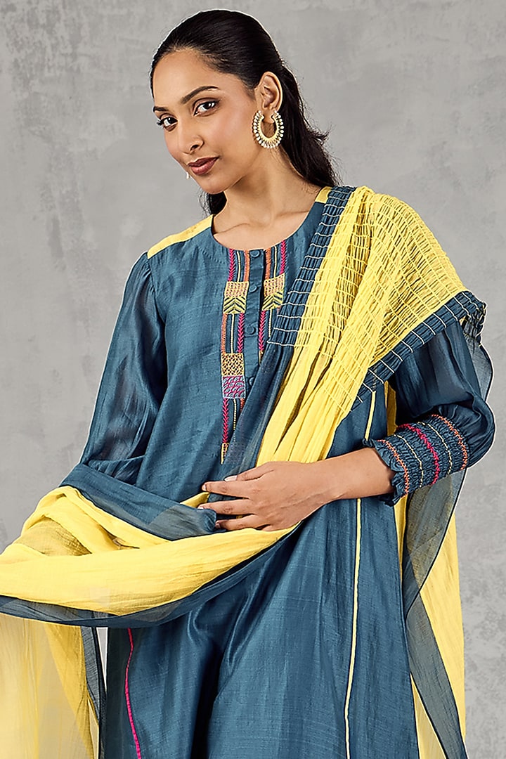Blue Chanderi Embroidered Kurta Set by Shivani Bhargava at Pernia's Pop Up Shop