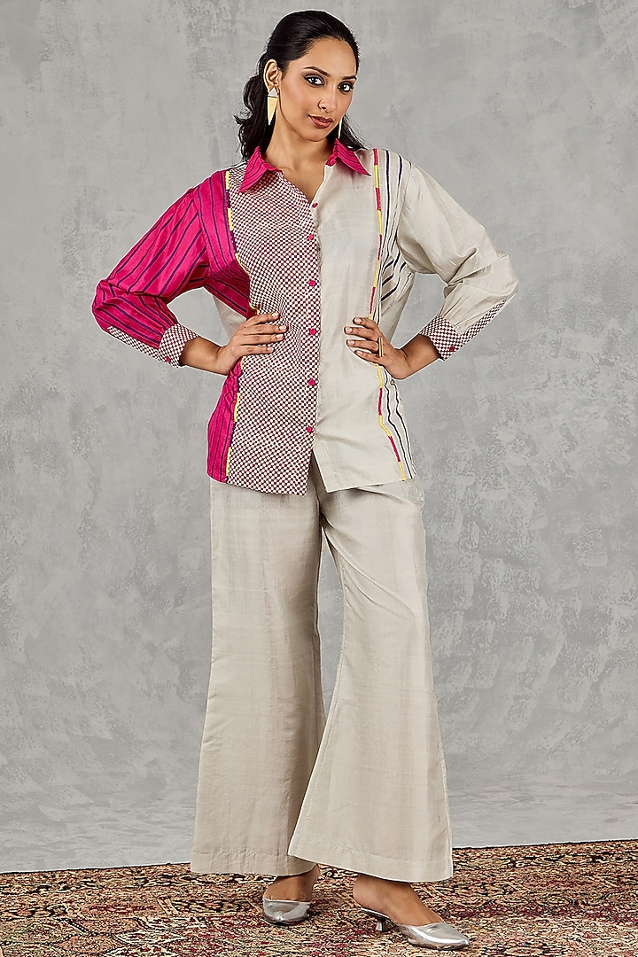 Grey & Hot Pink Silk Hand Block Printed Co-Ord Set by Shivani Bhargava at Pernia's Pop Up Shop