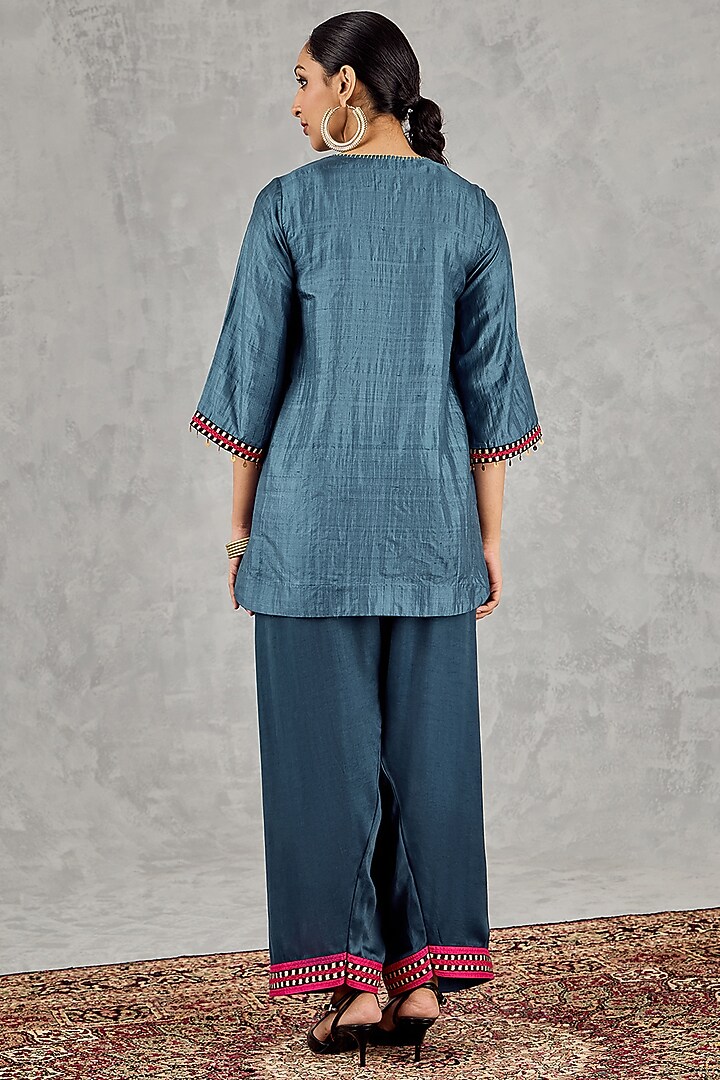 Blue Chanderi Geometric Embroidered Tunic Set by Shivani Bhargava at Pernia's Pop Up Shop