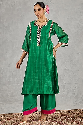 Green Chanderi Motifs Embroidered Kurta Set by Shivani Bhargava