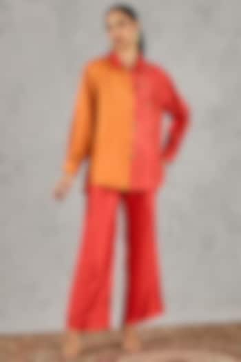 Burnt Orange & Red Silk Color-Blocked Co-Ord Set by Shivani Bhargava at Pernia's Pop Up Shop