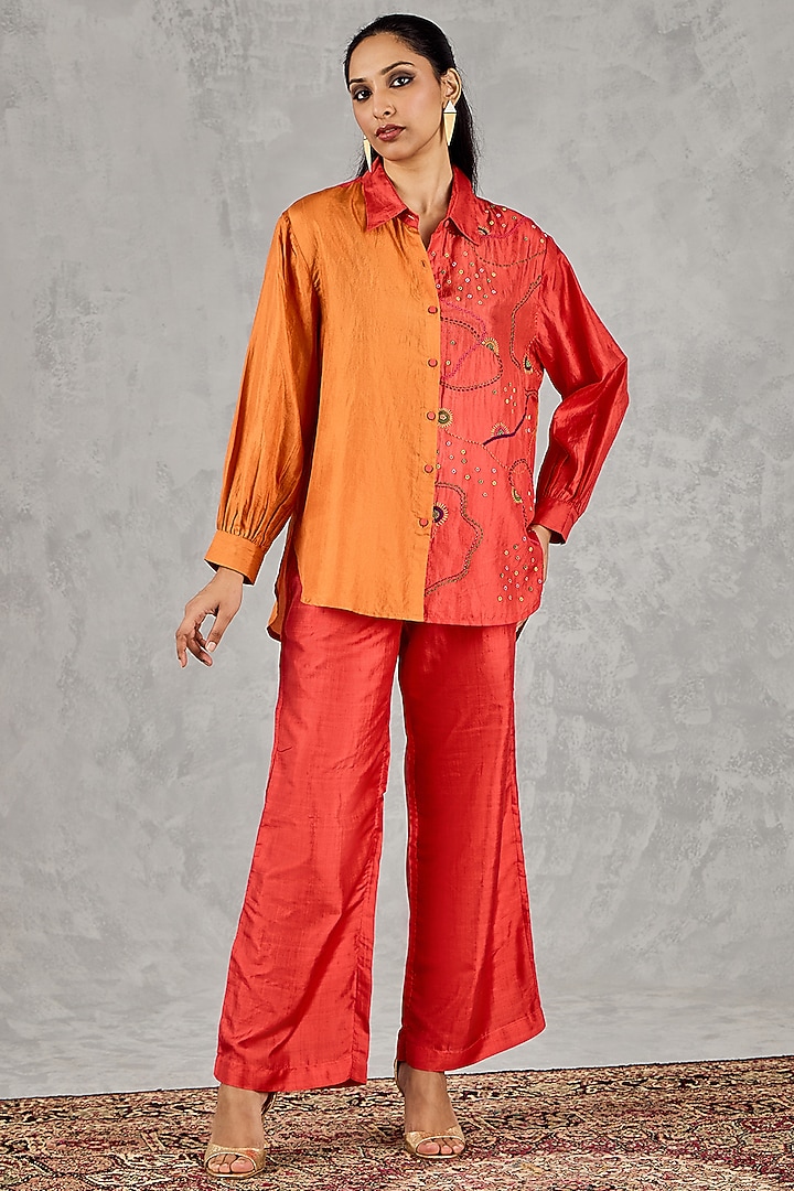 Burnt Orange & Red Silk Color-Blocked Co-Ord Set by Shivani Bhargava at Pernia's Pop Up Shop