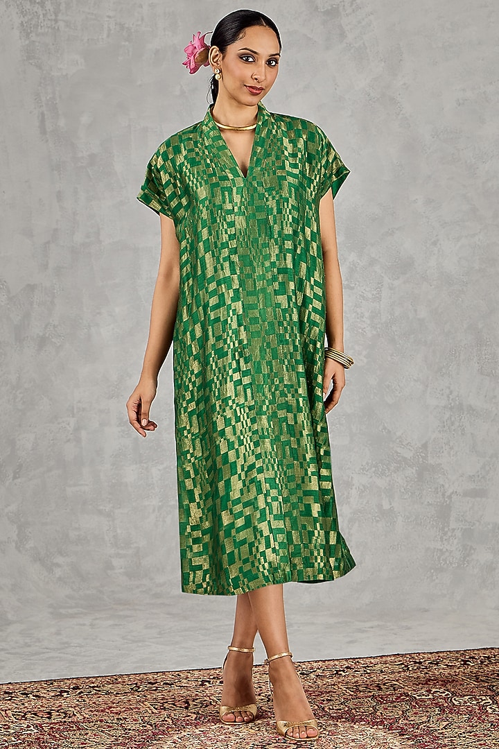 Green Tissue Chanderi Zari Embroidered Midi Summer Dress by shivani bhargava at Pernia's Pop Up Shop