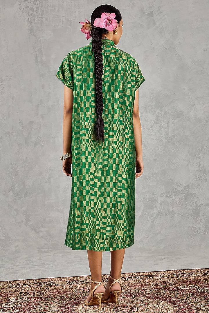 Green Tissue Chanderi Zari Embroidered Midi Summer Dress by shivani bhargava at Pernia's Pop Up Shop