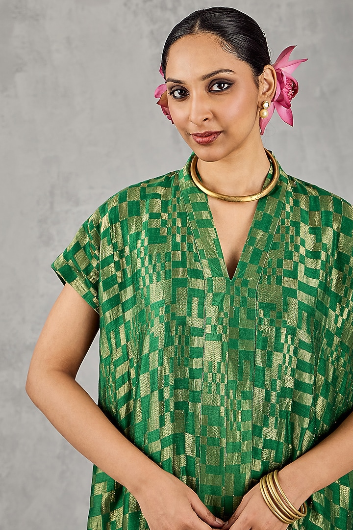 Green Tissue Chanderi Zari Embroidered Midi Summer Dress by shivani bhargava at Pernia's Pop Up Shop