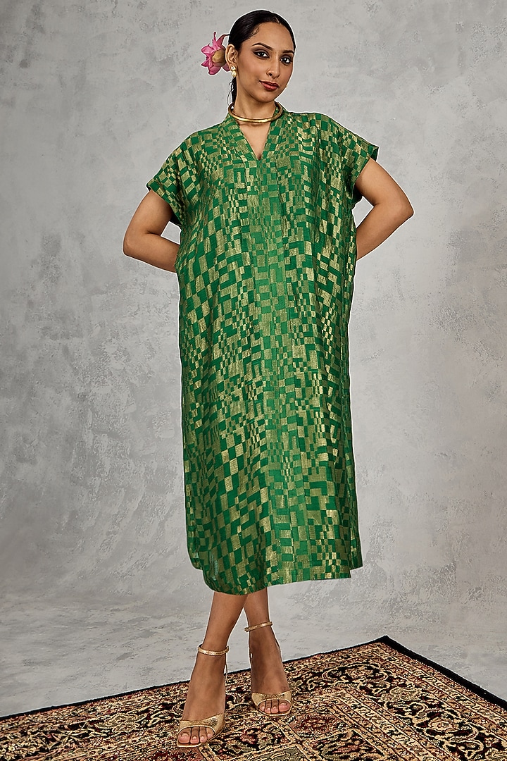 Green Tissue Chanderi Zari Embroidered Midi Summer Dress by shivani bhargava at Pernia's Pop Up Shop