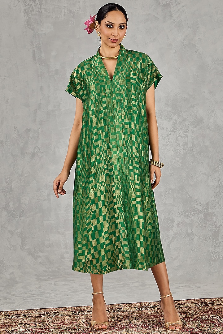 Green Tissue Chanderi Zari Embroidered Midi Summer Dress by shivani bhargava at Pernia's Pop Up Shop