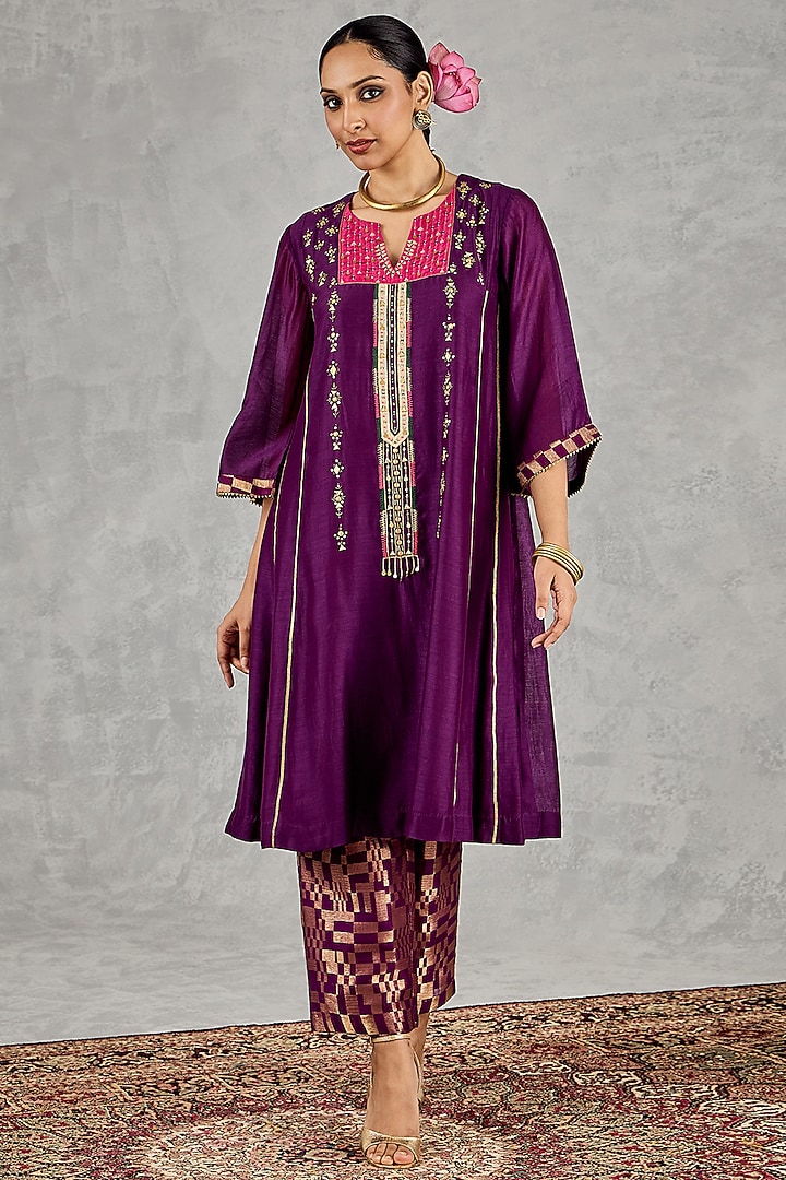 Purple Chanderi Embroidered Kurta Set by shivani bhargava at Pernia's Pop Up Shop