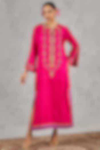 Hot Pink Silk Embroidered Kaftan by shivani bhargava at Pernia's Pop Up Shop