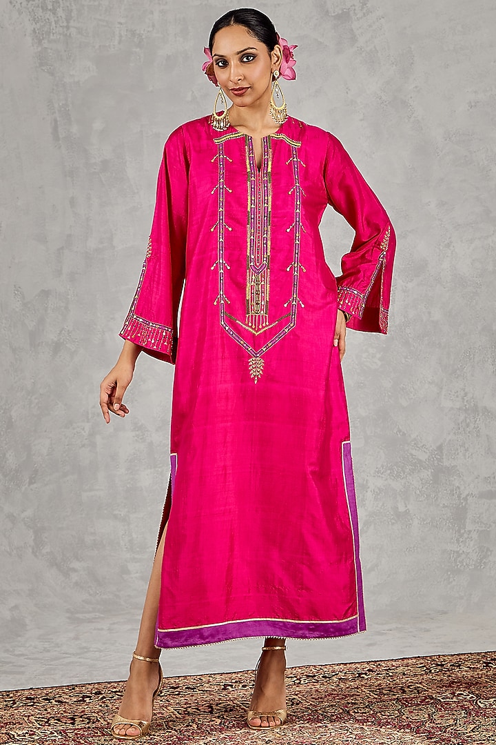 Hot Pink Silk Embroidered Kaftan by shivani bhargava at Pernia's Pop Up Shop