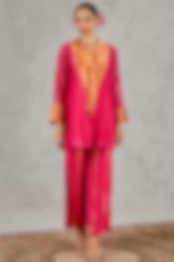 Hot Pink Chanderi Patch Work Kurta Set by shivani bhargava at Pernia's Pop Up Shop