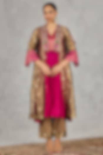 Golden Tissue Silk Embroidered Jacket Set by shivani bhargava at Pernia's Pop Up Shop