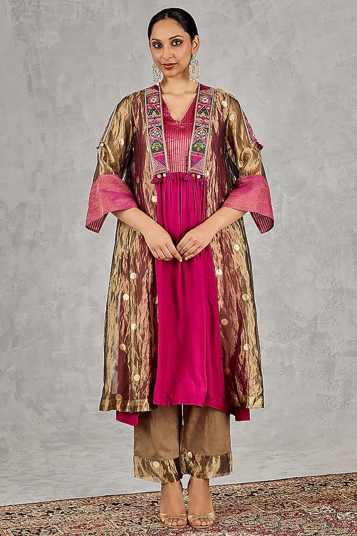 Golden Tissue Silk Embroidered Jacket Set by shivani bhargava at Pernia's Pop Up Shop