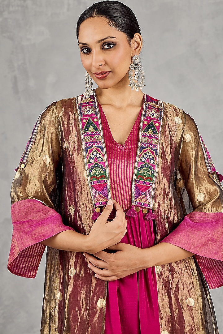 Golden Tissue Silk Embroidered Jacket Set by shivani bhargava at Pernia's Pop Up Shop