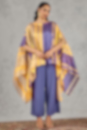 Yellow & Purple Chanderi Silk Tissue Asymmetric Cape Set by shivani bhargava at Pernia's Pop Up Shop