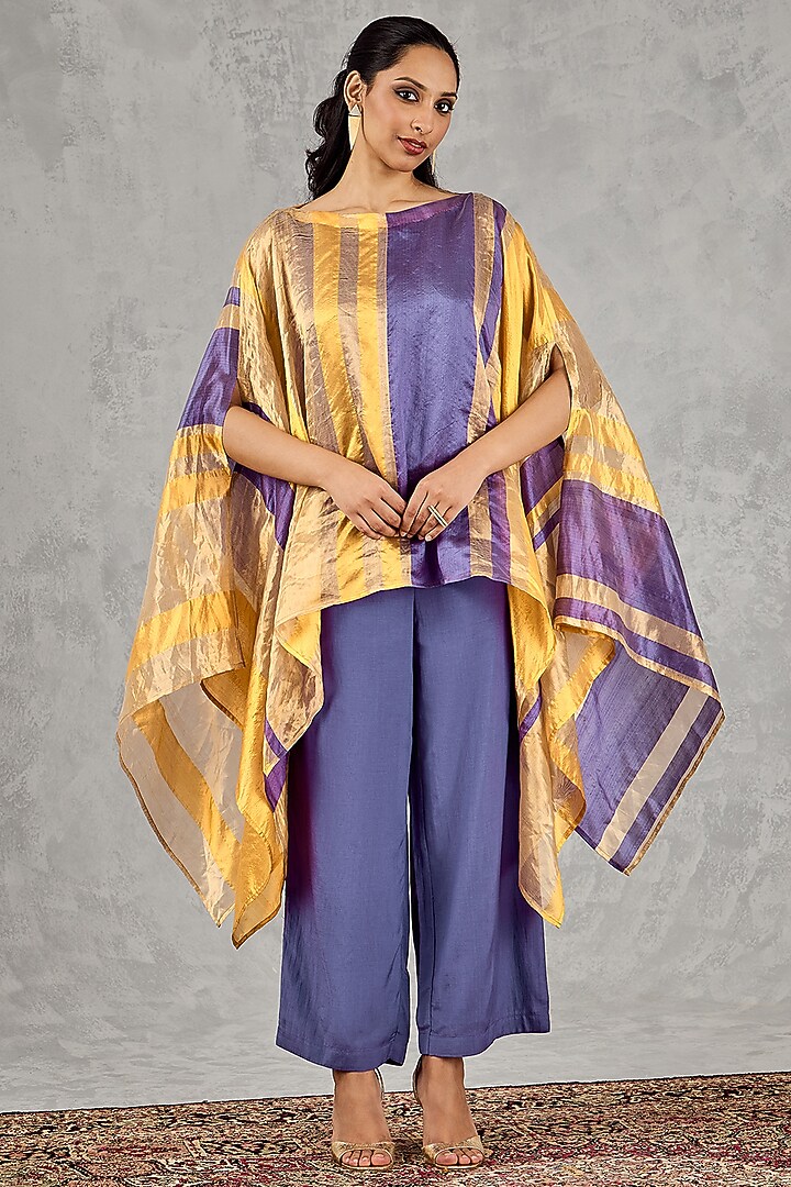 Yellow & Purple Chanderi Silk Tissue Asymmetric Cape Set by shivani bhargava at Pernia's Pop Up Shop