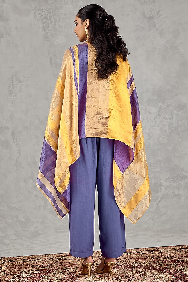 Yellow & Purple Chanderi Silk Tissue Asymmetric Cape Set by shivani bhargava at Pernia's Pop Up Shop