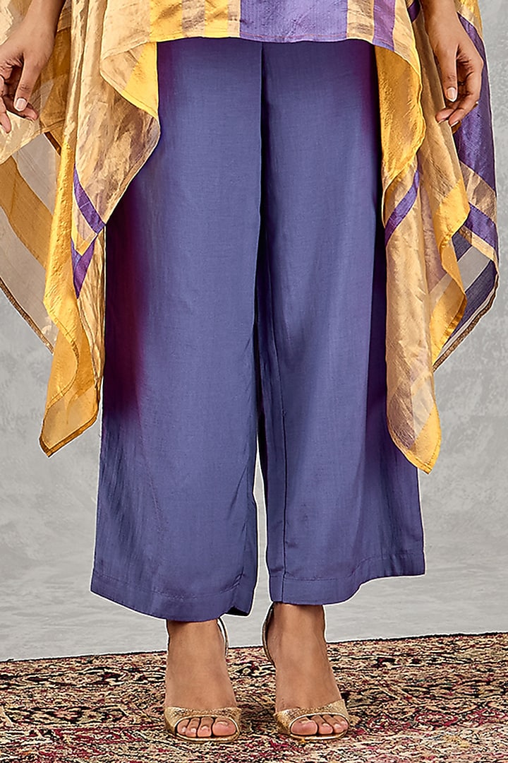 Yellow & Purple Chanderi Silk Tissue Asymmetric Cape Set by shivani bhargava at Pernia's Pop Up Shop