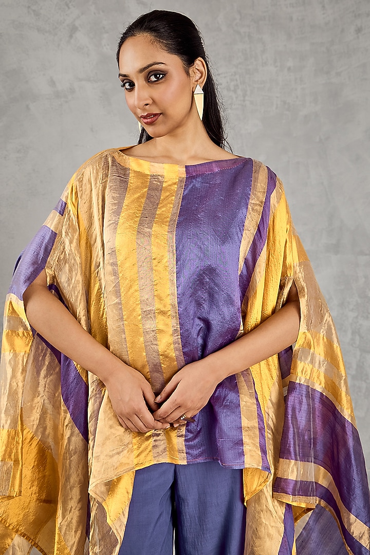 Yellow & Purple Chanderi Silk Tissue Asymmetric Cape Set by shivani bhargava at Pernia's Pop Up Shop