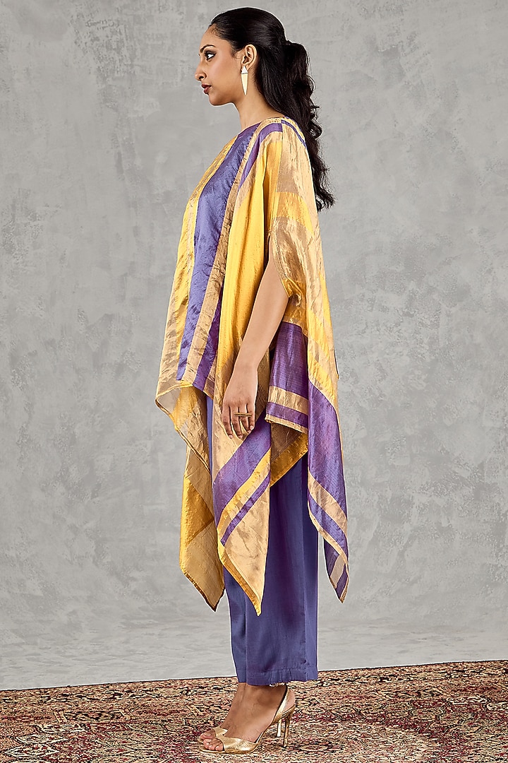 Yellow & Purple Chanderi Silk Tissue Asymmetric Cape Set by shivani bhargava at Pernia's Pop Up Shop