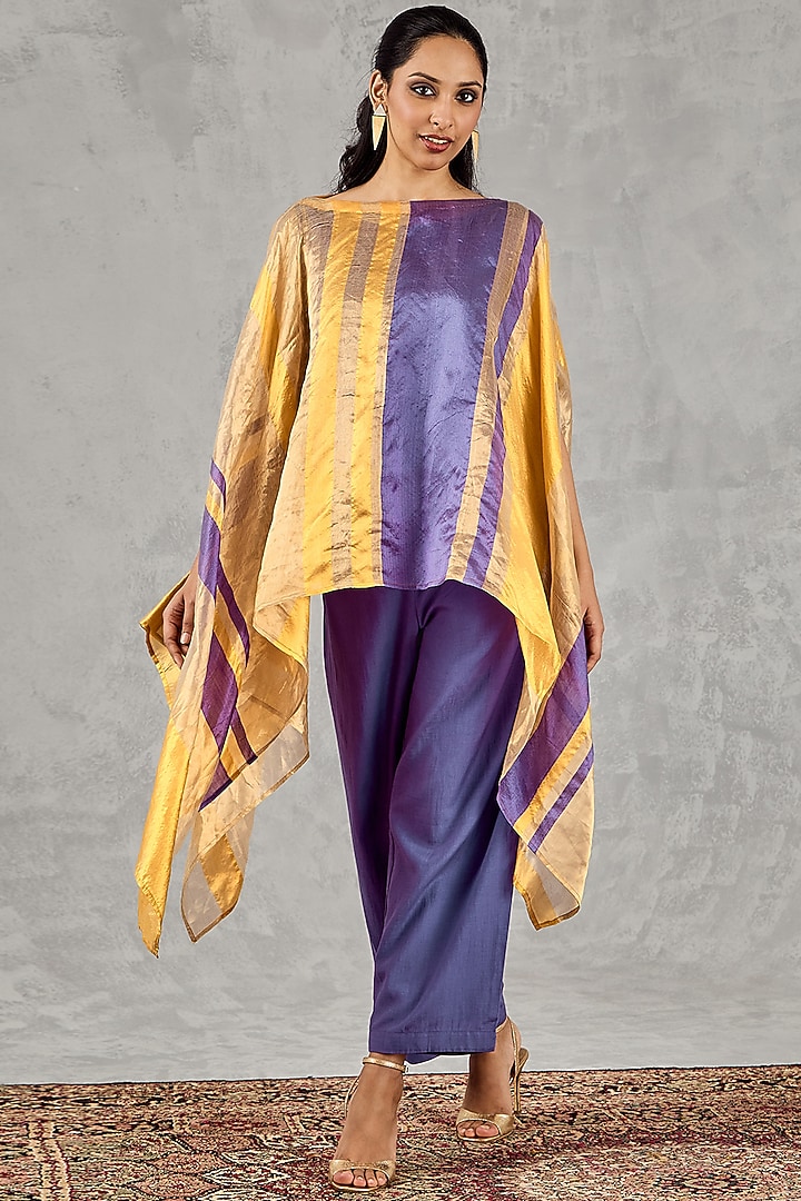 Yellow & Purple Chanderi Silk Tissue Asymmetric Cape Set by shivani bhargava at Pernia's Pop Up Shop