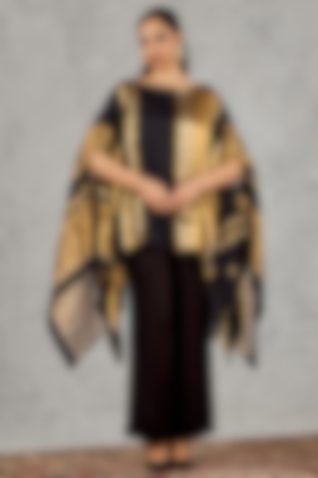 Black & Golden Chanderi Silk Tissue Asymmetric Cape Set by shivani bhargava at Pernia's Pop Up Shop