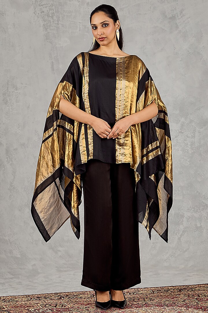 Black & Golden Chanderi Silk Tissue Asymmetric Cape Set by shivani bhargava at Pernia's Pop Up Shop
